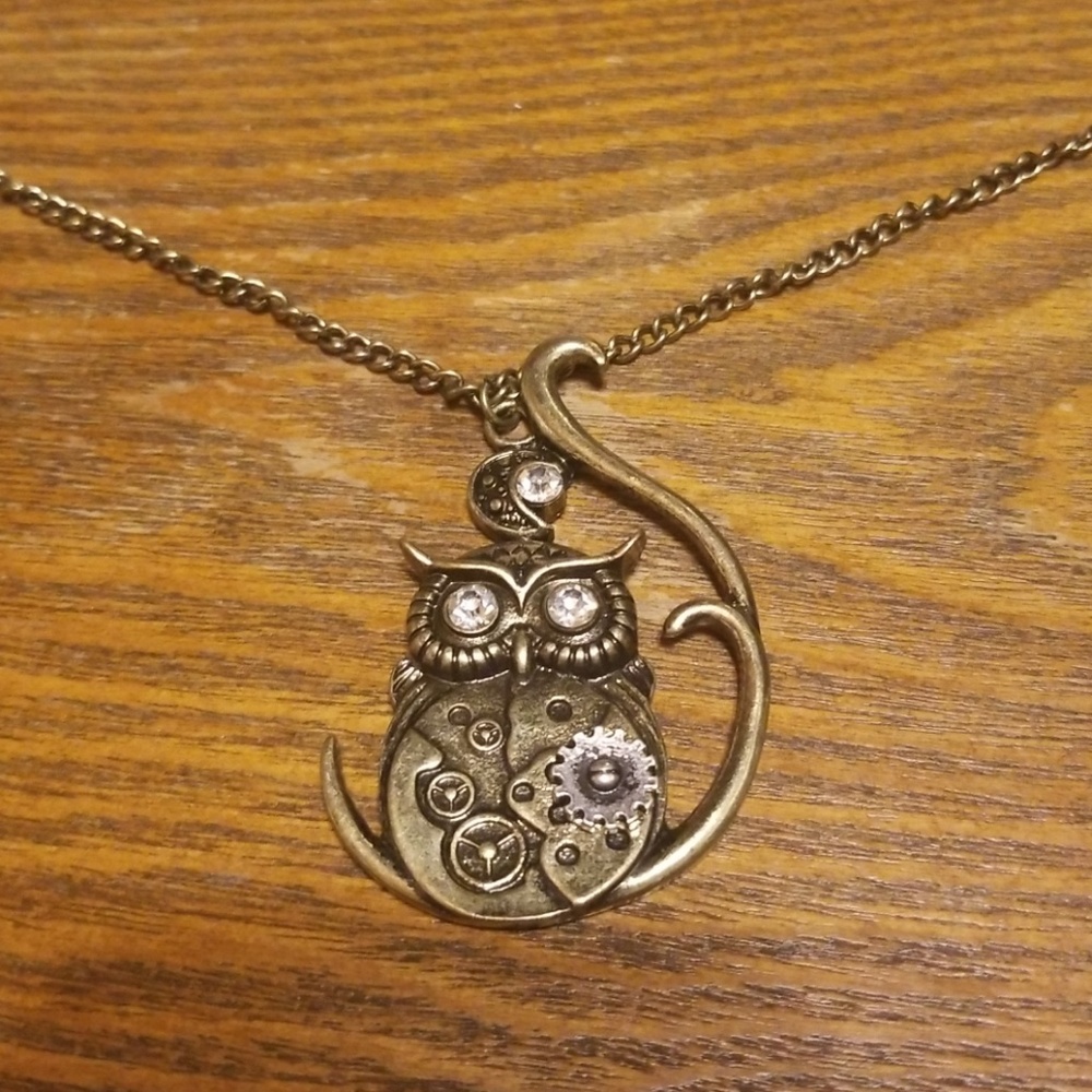 Two tone  steampunk owl necklace .
